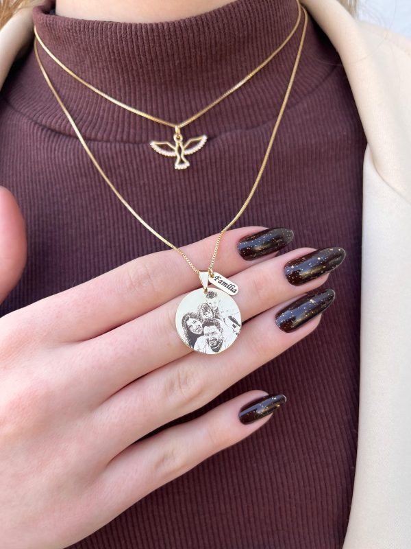 Gargantilha Personalizada Medalha Foto gravação e plaquinha Gravação Banho ouro 18k
