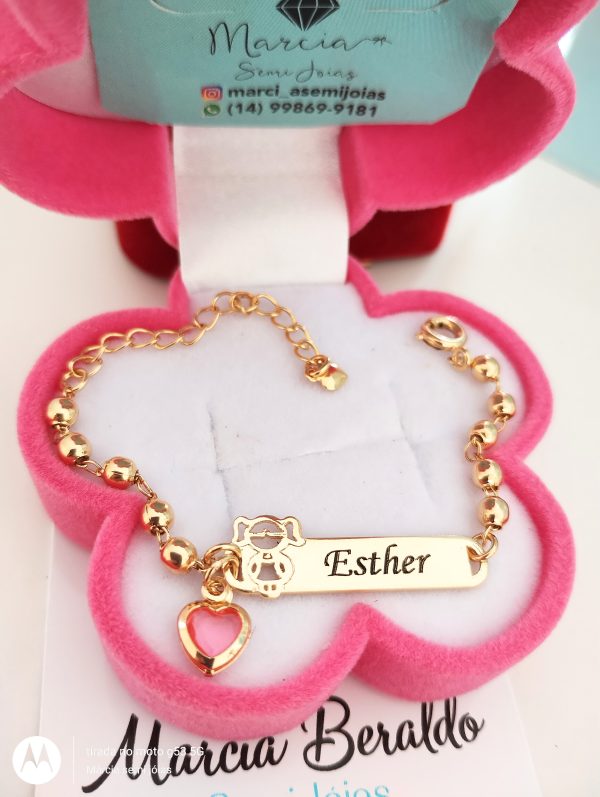 Pulseira recém nascido e infantil personalizada Menina Vazada com pingente coração Banho ouro 18k