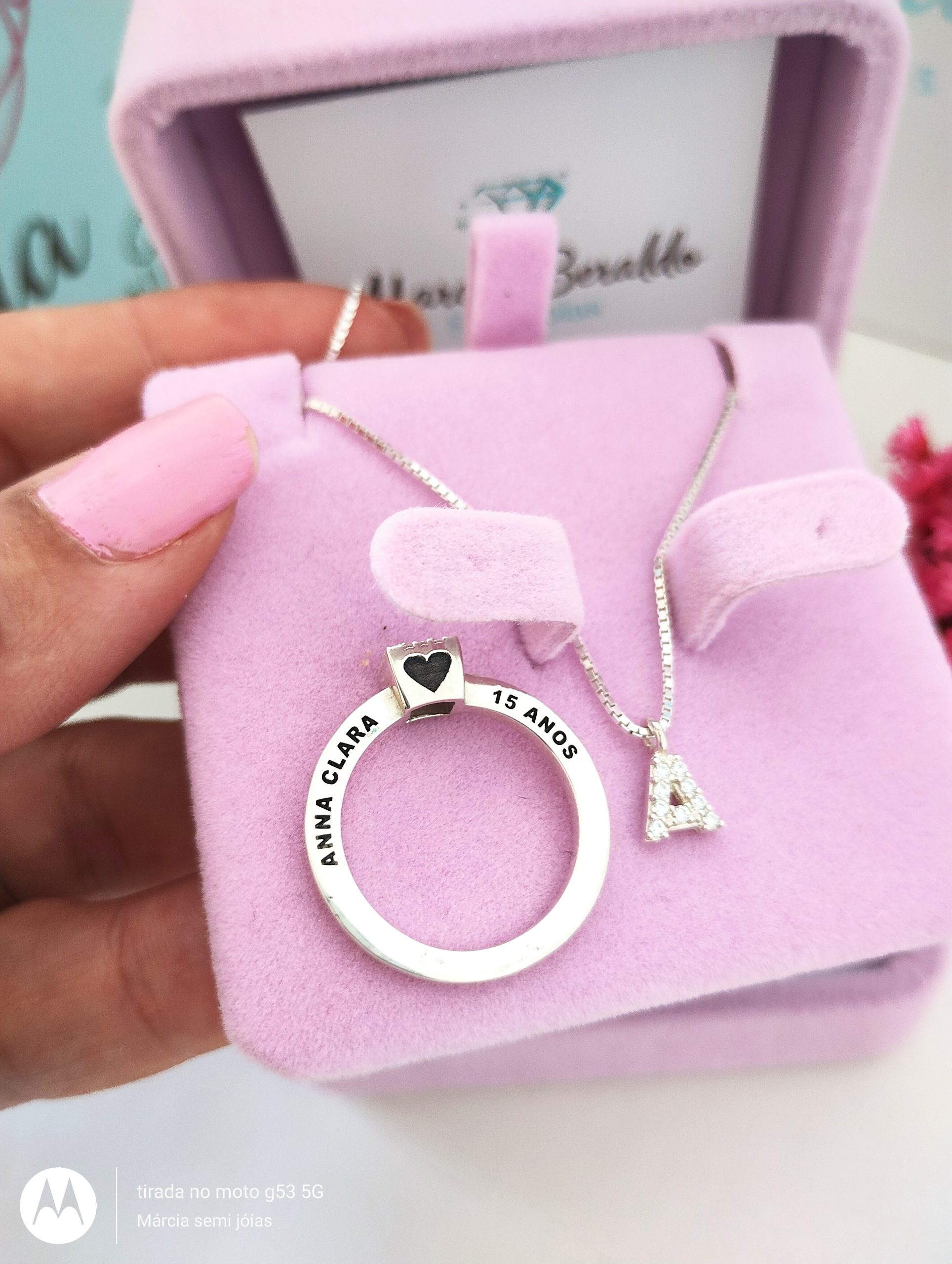Kit Debutante Prata 925 Anel Personalizado+ Gargantilha de inicial cravejado zircônias - Imagem 4