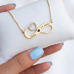 Kit Debutante Gargantilha Infinito coração cravejado zircônias+ Anel personalizado Debutante Banho ouro 18k - 25