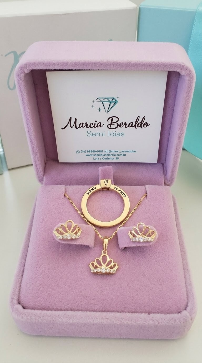 Kit Debutante 15  Anos Colar e Brinco Princesa+ Anel Debutante Banhado ouro 18k