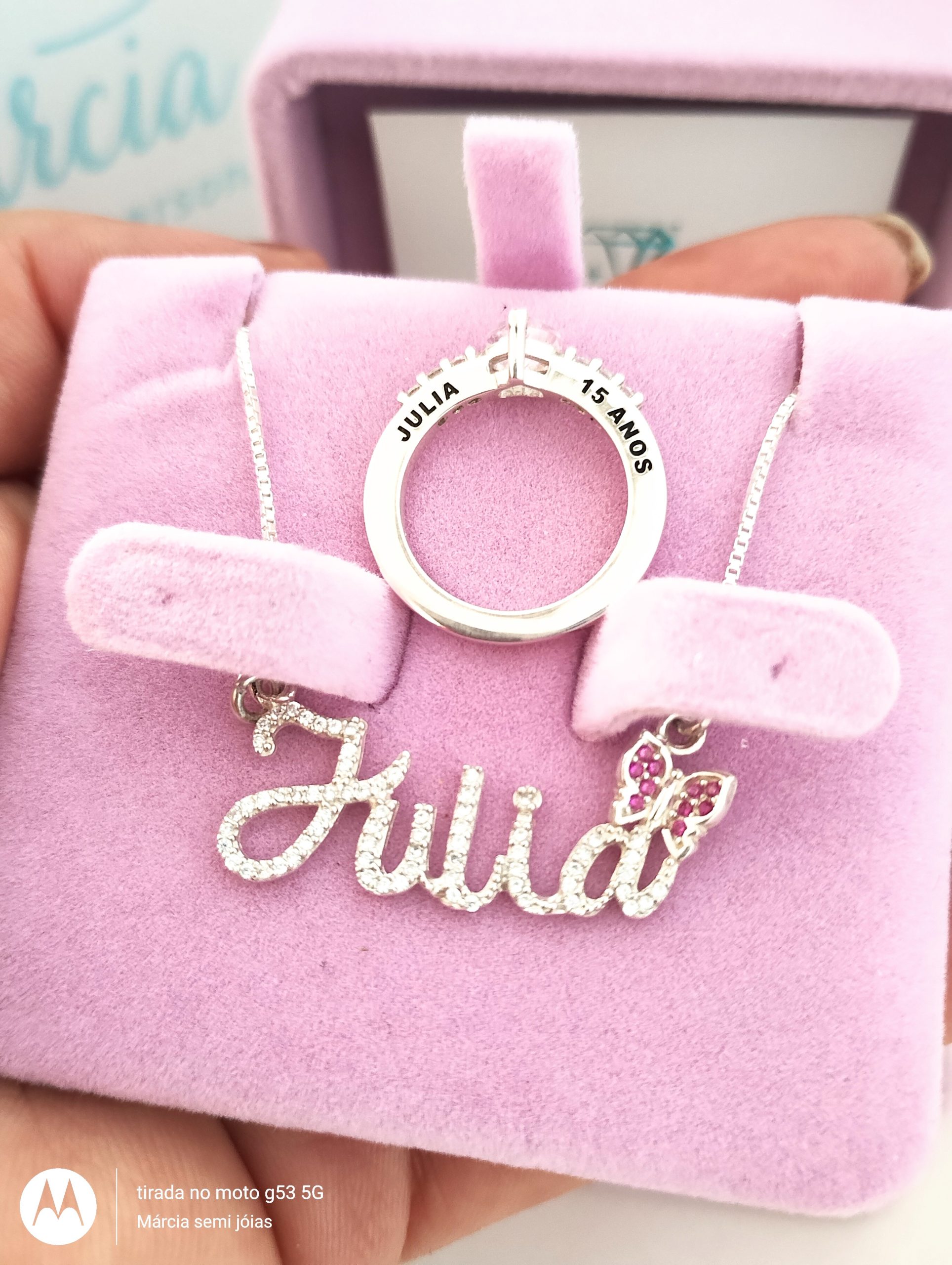 Kit Debutante 15 Anos Colar Debutante Nome Cravejado zircônias e Borboleta Cravejado zircônias Rubi+ Anel Debutante Coração