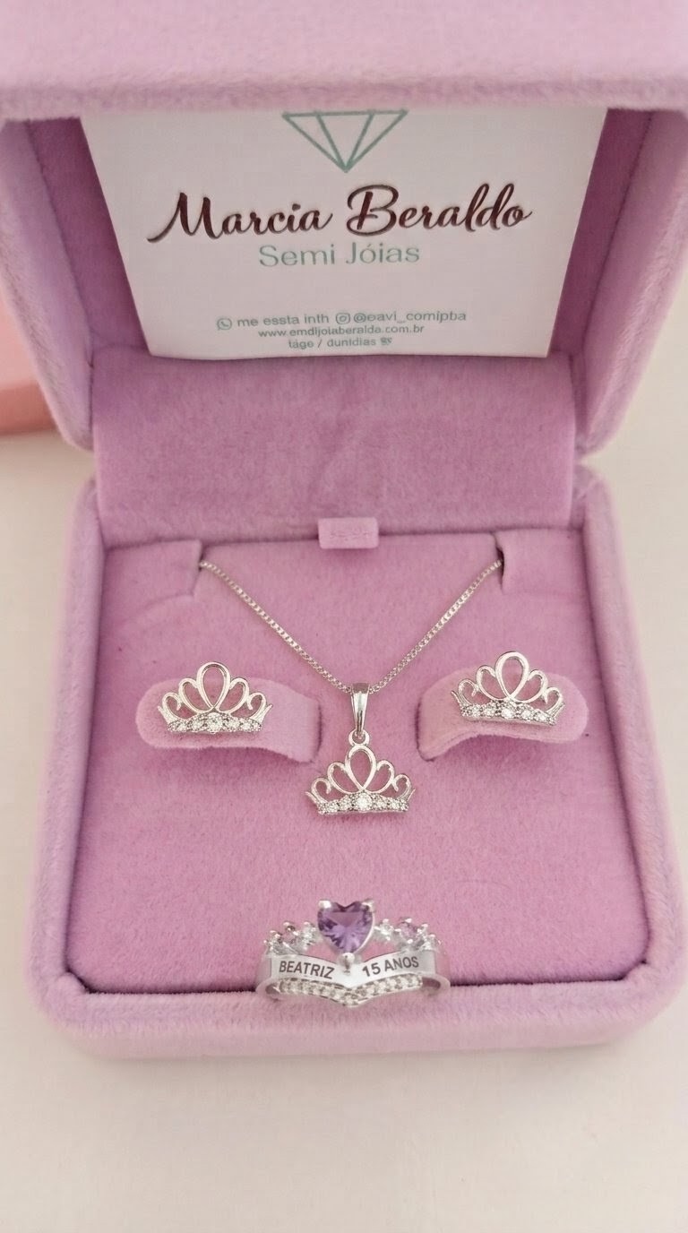Kit Debutante 15 Anos Colar e Brinco Princesa Coroa cravejado zircônias+ Anel Debutante Coração Detalhe Coroa cravejado zircônias Prata 925 - Imagem 2