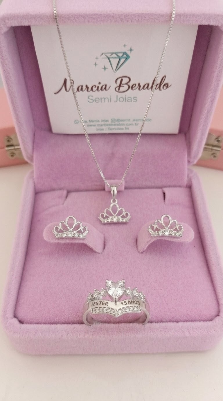 Kit Debutante 15 Anos Colar e Brinco Princesa Coroa cravejado zircônias+ Anel Debutante Coração Detalhe Coroa cravejado zircônias Prata 925
